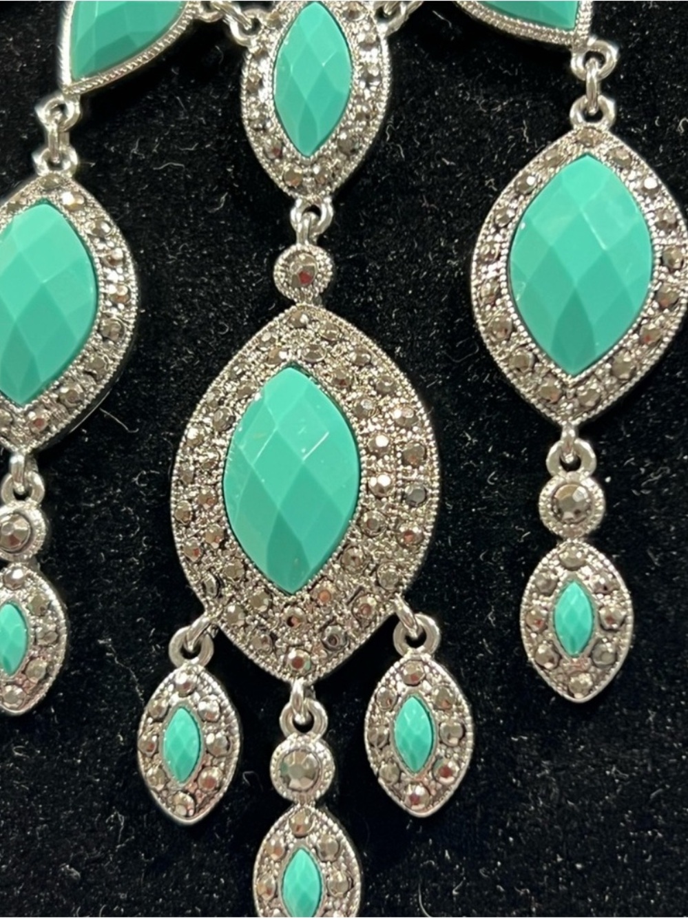Elegant Vintage Inspired Turquoise w/Marcasite Crystals Drop Dangle Necklace 24”